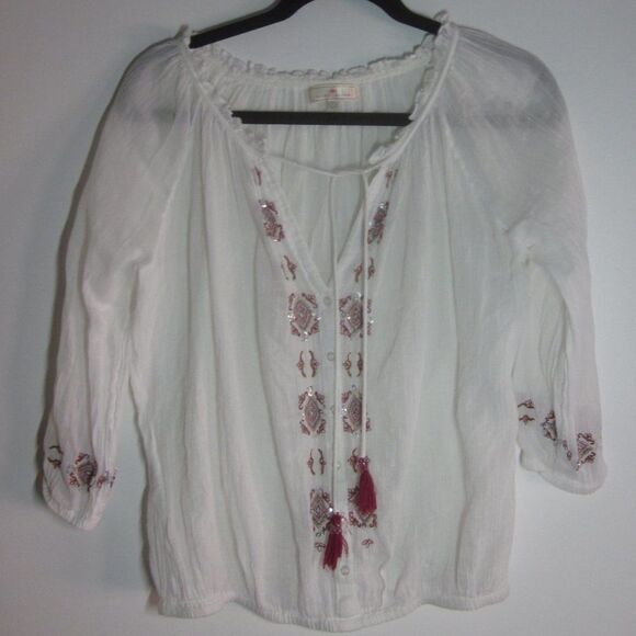 River Island Womens Size 8 White Summer Gauze BOHO Embellished Blouse Pullover - Picture 1 of 10